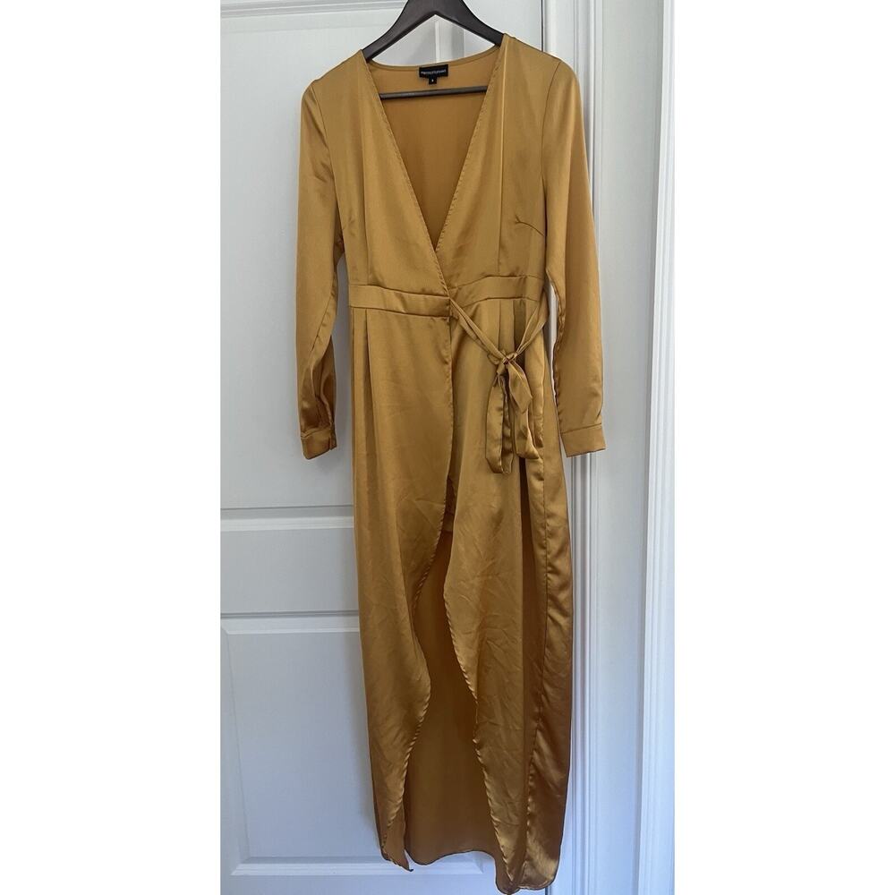 PrettyLittleThing romper w wrap dress overlay mustard yellow satin size 8